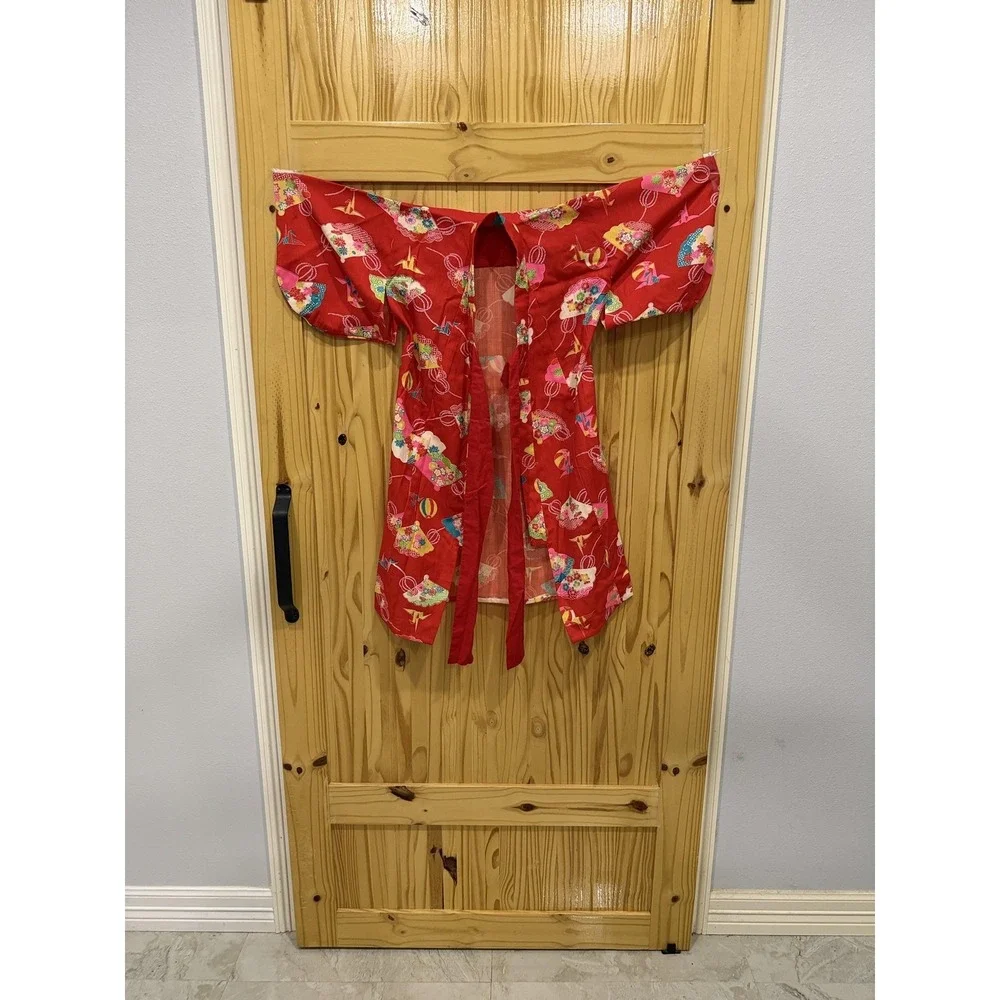 Kimono Kaftan Dress Girls 3-4 Years Red Floral V Neck Short Sleeve Japanese‎
